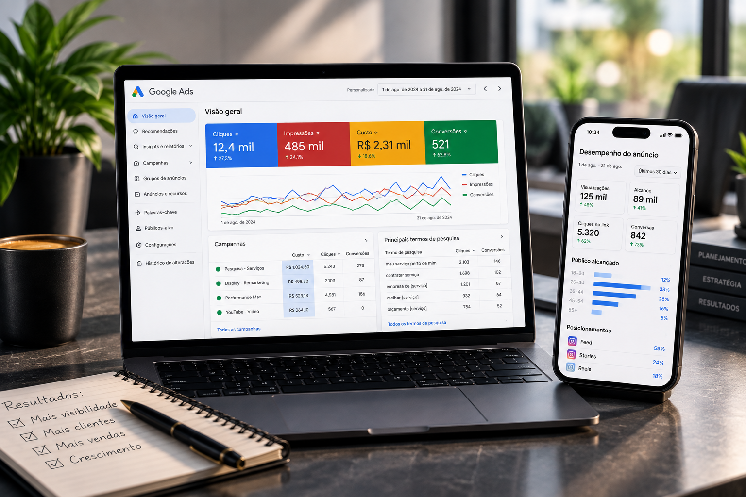 Painéis de desempenho do Google Ads exibidos em notebook e celular