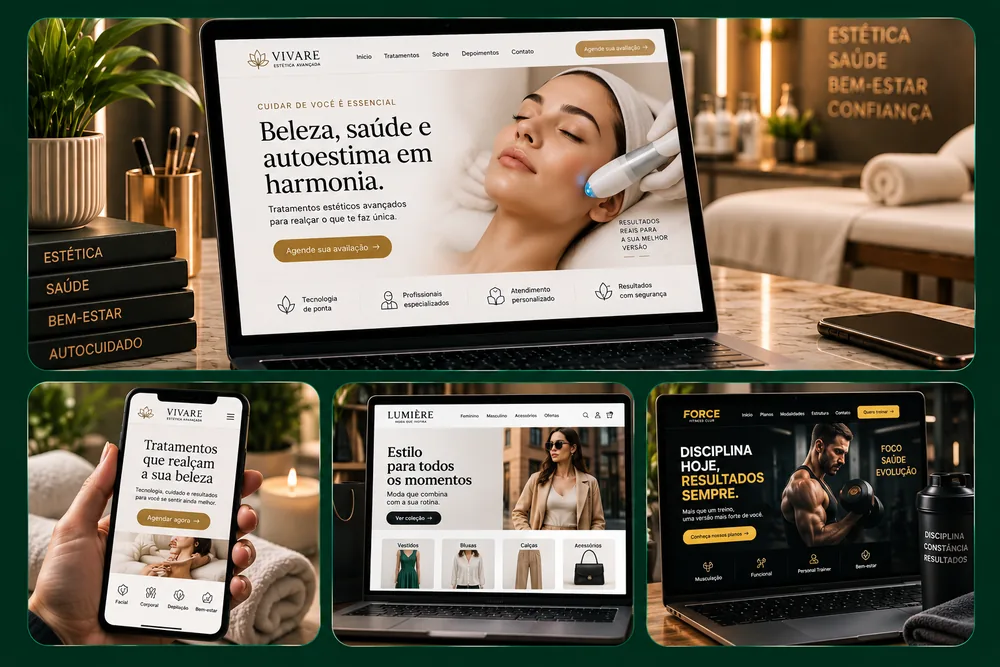 Apresentação visual de páginas profissionais responsivas em diferentes dispositivos