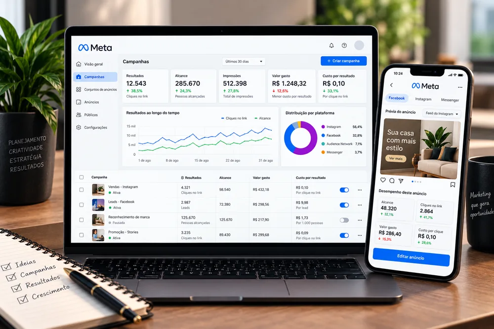 Painéis de campanhas do Meta Ads exibidos em notebook e celular