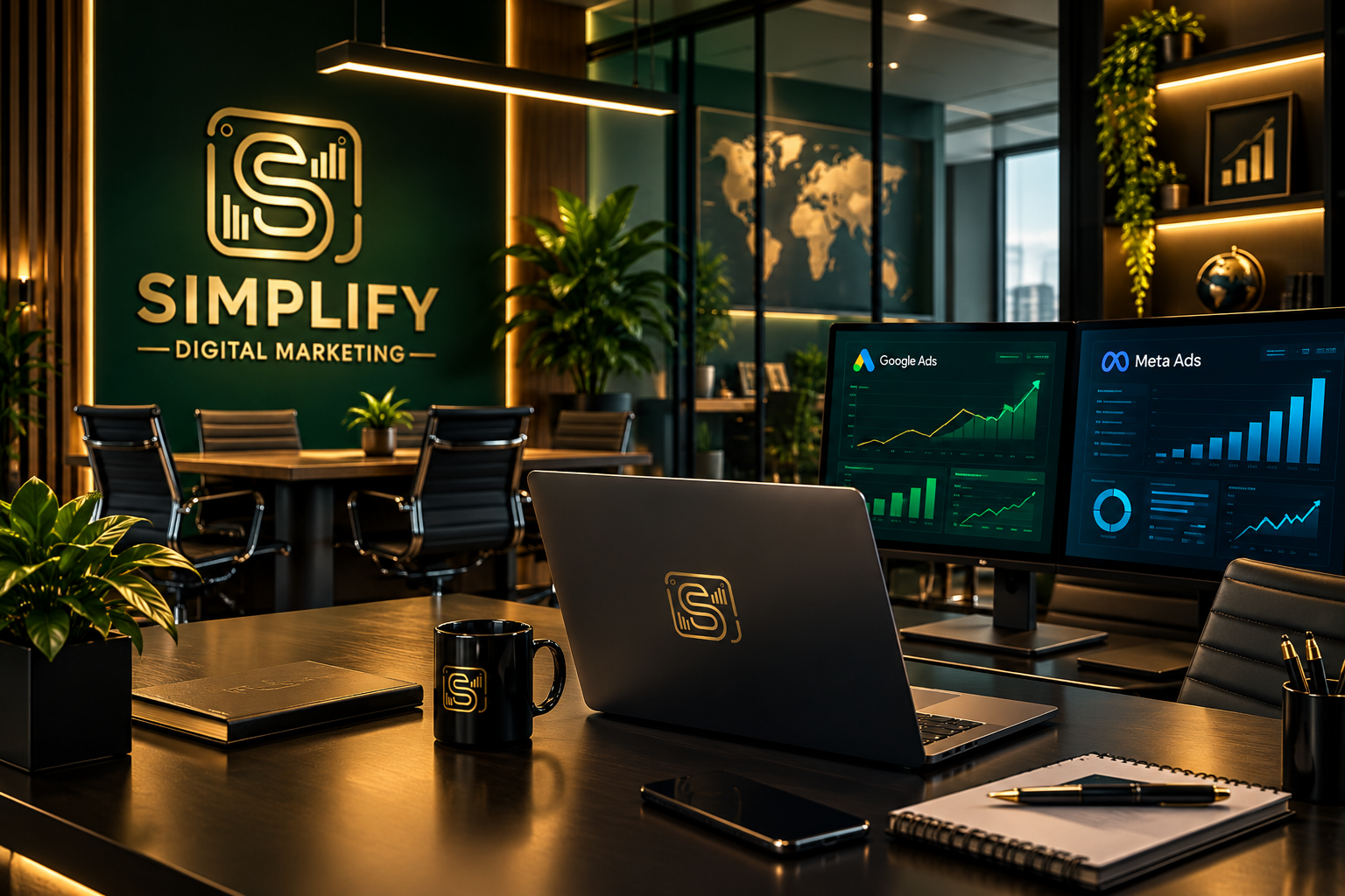 Escritório da Simplify Digital Marketing com dashboards de Google Ads e Meta Ads em telas profissionais